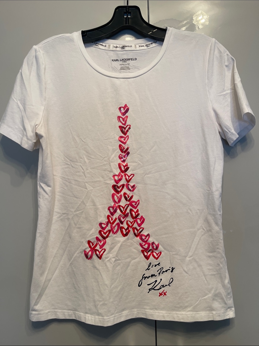 Karl Lagerfeld White Tee with Pink Heart Eiffel Motif